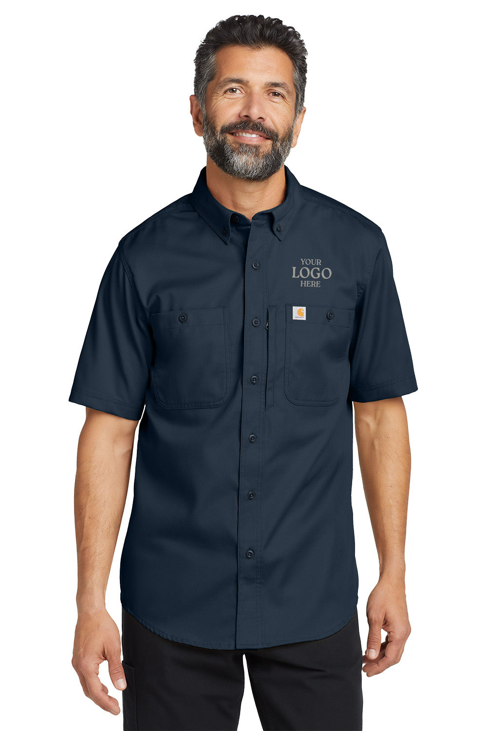 Man wearing a navy blue short-sleeve work shirt with customizable logo area on a white background embroidered Carhartt® Rugged Professional™ Series Short Sleeve Shirt