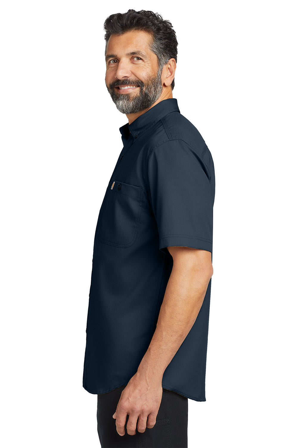 Man wearing a navy blue short-sleeve shirt on a white background embroidered Carhartt® Rugged Professional™ Series Short Sleeve Shirt