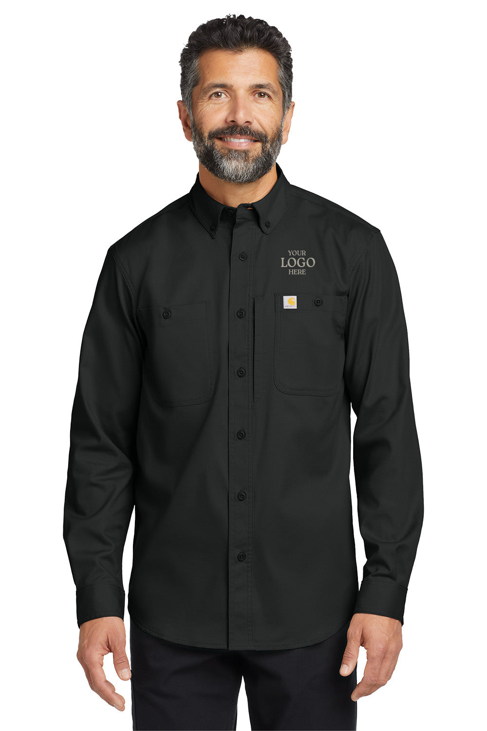 Man wearing a black Carhartt work shirt with logo on a white background embroidered Carhartt® Rugged Professional™ Series Long Sleeve Shirt