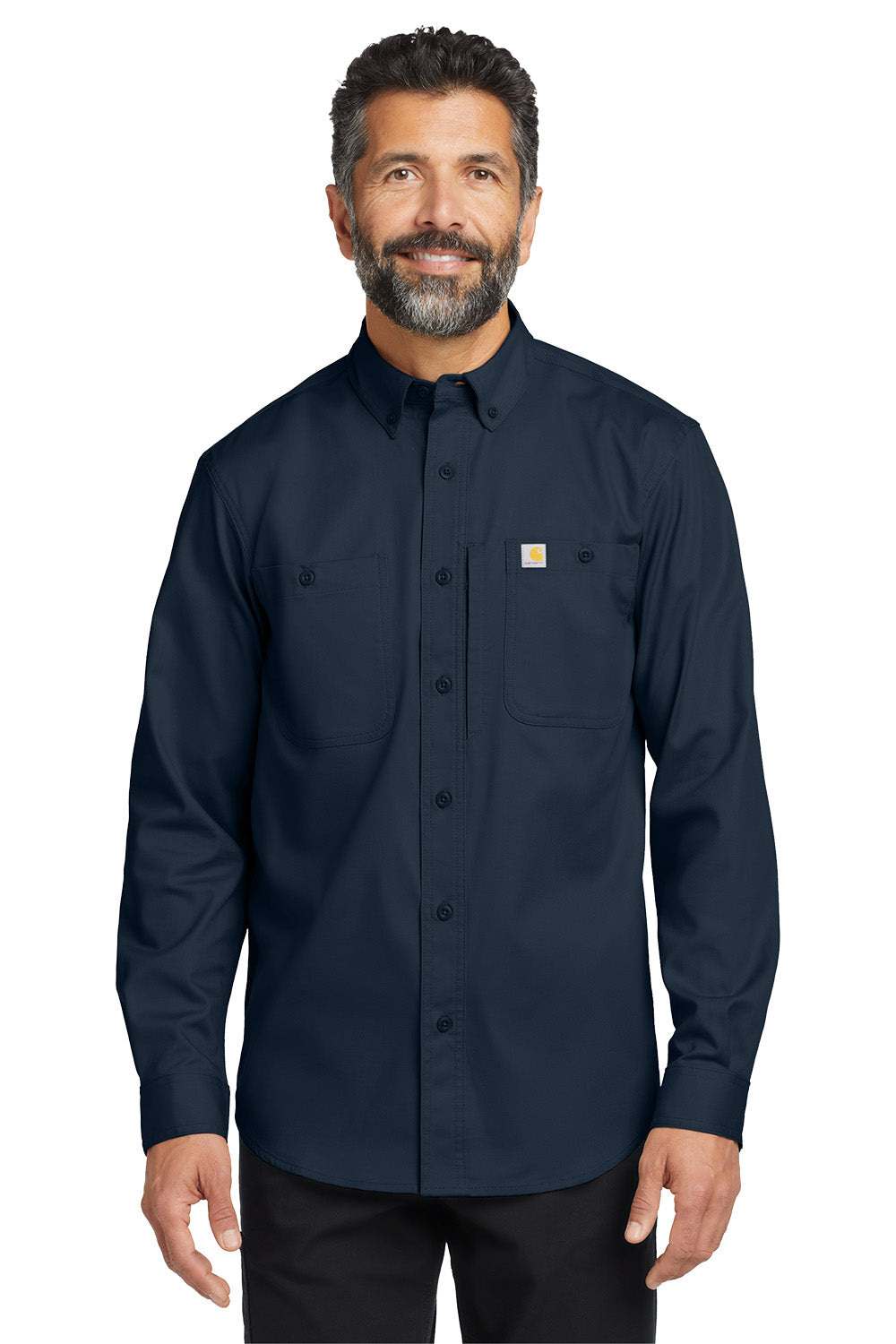 Man wearing a navy long-sleeve shirt with a Carhartt logo on a white background embroidered Carhartt® Rugged Professional™ Series Long Sleeve Shirt