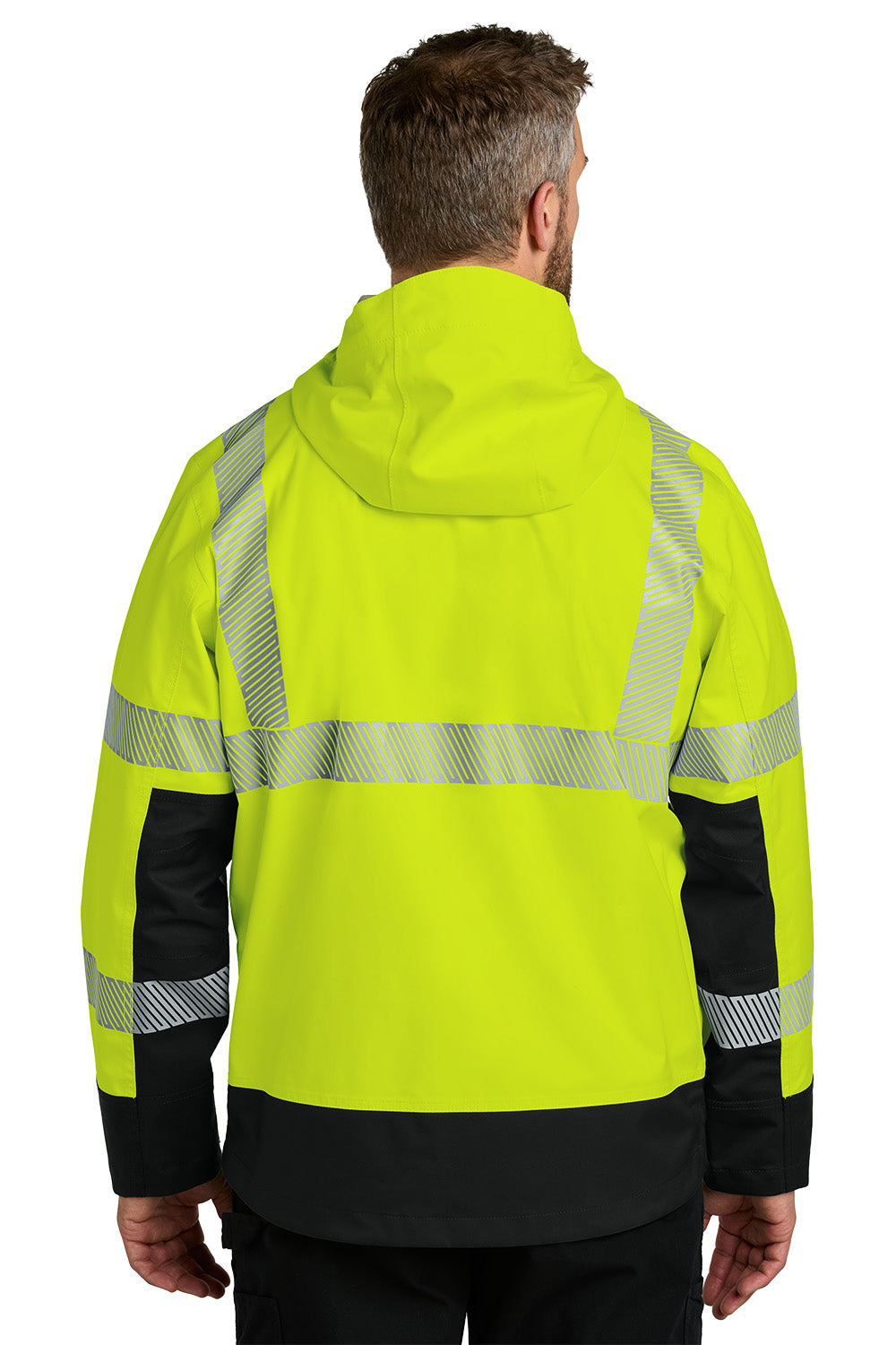 Person wearing a high-visibility yellow jacket with reflective stripes on a white background Carhartt® ANSI 107 Class 3 Storm Defender® Jacket, ebroidered