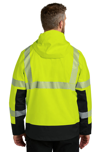 Person wearing a high-visibility yellow jacket with reflective stripes on a white background Carhartt® ANSI 107 Class 3 Storm Defender® Jacket, ebroidered