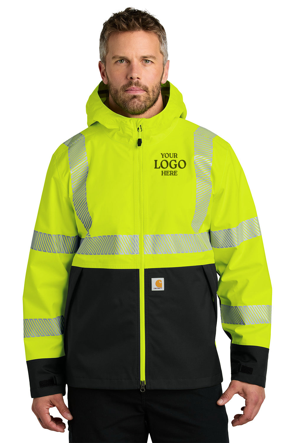 Man wearing a high-visibility safety jacket with reflective stripes on a white background Carhartt® ANSI 107 Class 3 Storm Defender® Jacket, ebroidered