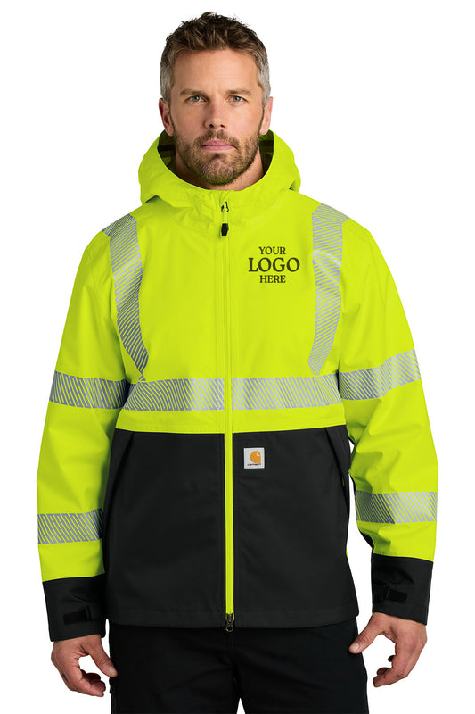 Man wearing a high-visibility safety jacket with reflective stripes on a white background Carhartt® ANSI 107 Class 3 Storm Defender® Jacket, ebroidered
