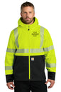 Man wearing a high-visibility safety jacket with reflective stripes on a white background Carhartt® ANSI 107 Class 3 Storm Defender® Jacket, ebroidered