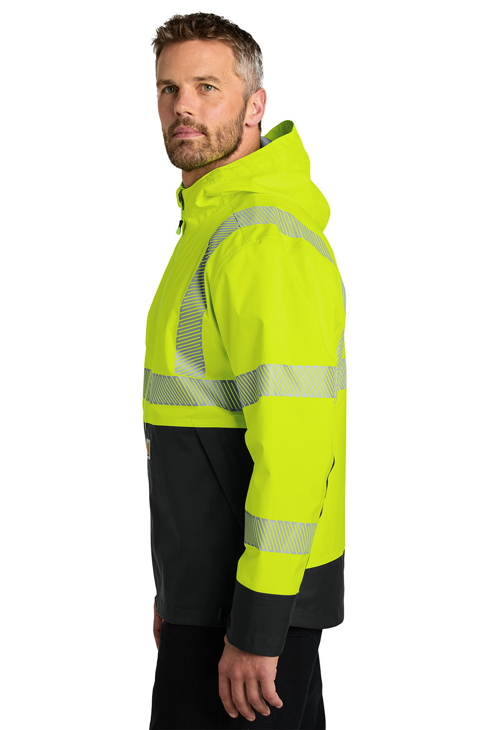 Man wearing a high-visibility yellow jacket on a white background Carhartt® ANSI 107 Class 3 Storm Defender® Jacket, ebroidered