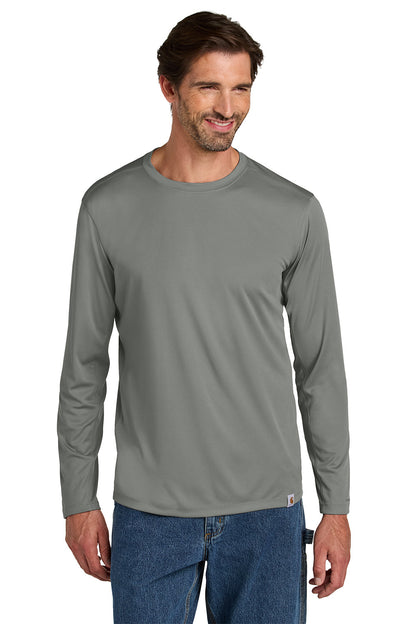 Man wearing a gray long-sleeve shirt and blue jeans on a white background embroidered Carhartt Force® Sun Defender™ Long Sleeve Shirt