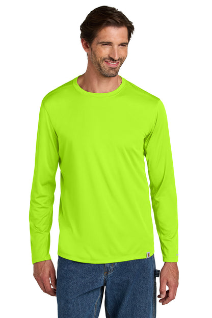Man wearing a bright green long-sleeve shirt on a white background embroidered Carhartt Force® Sun Defender™ Long Sleeve Shirt