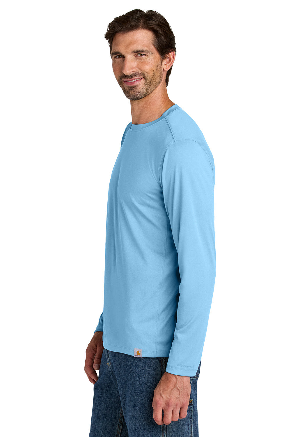 Man wearing a light blue long-sleeve shirt on a white background embroidered Carhartt Force® Sun Defender™ Long Sleeve Shirt