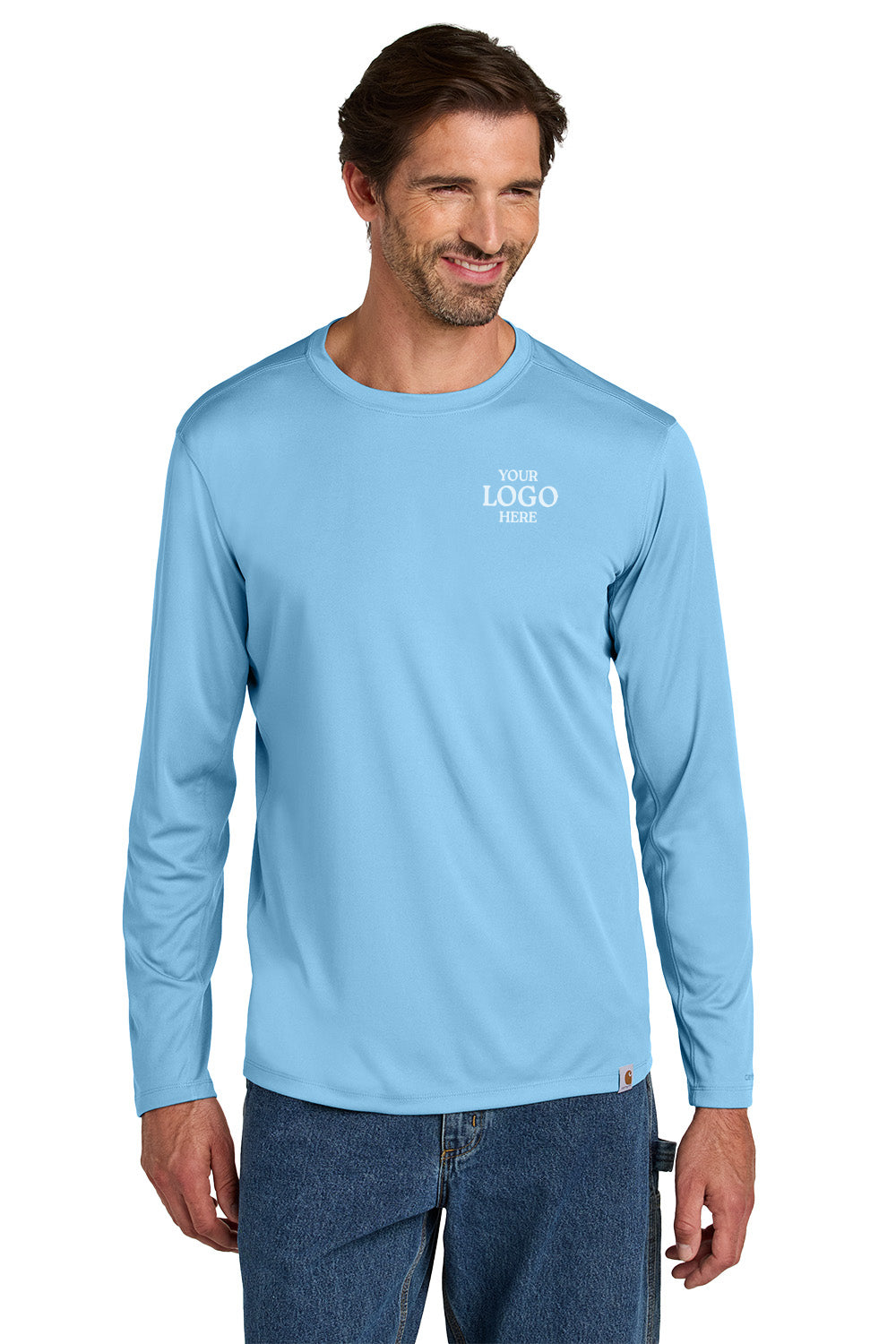 Man wearing a light blue long-sleeve shirt with a logo on a white background embroidered Carhartt Force® Sun Defender™ Long Sleeve Shirt