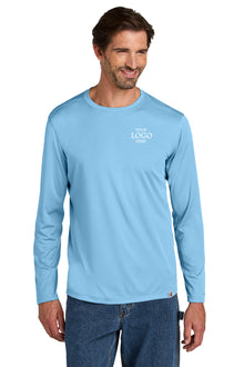 Man wearing a light blue long-sleeve shirt with a logo on a white background embroidered Carhartt Force® Sun Defender™ Long Sleeve Shirt