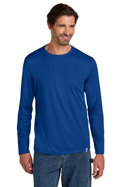 Man wearing a blue long-sleeve shirt on a white background embroidered Carhartt Force® Sun Defender™ Long Sleeve Shirt