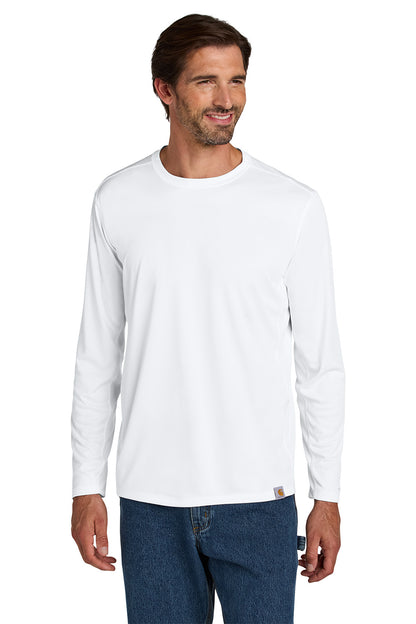 Man wearing a white long-sleeve shirt and blue jeans on a white background embroidered Carhartt Force® Sun Defender™ Long Sleeve Shirt