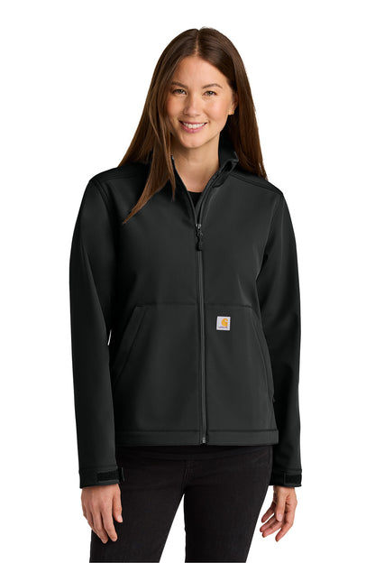 Woman wearing a black Carhartt jacket on a white background embroidered Carhartt® Women’s Rain Defender® Soft Shell Jacket