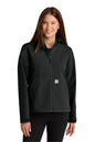 Woman wearing a black Carhartt jacket on a white background embroidered Carhartt® Women’s Rain Defender® Soft Shell Jacket
