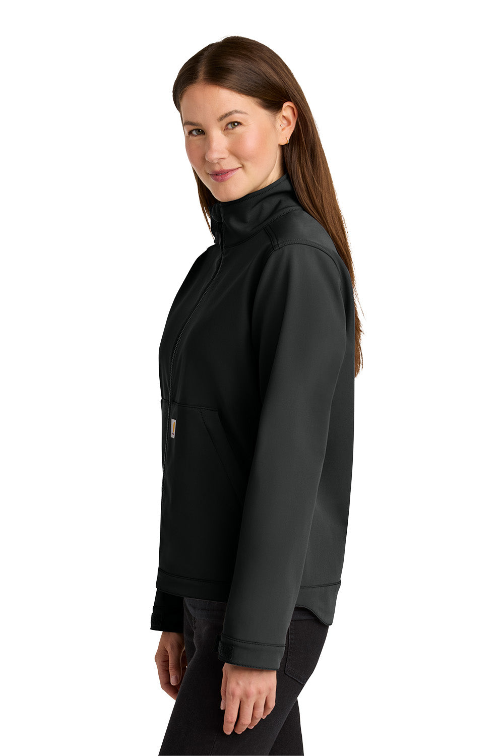 Woman wearing a black jacket on a white background embroidered Carhartt® Women’s Rain Defender® Soft Shell Jacket
