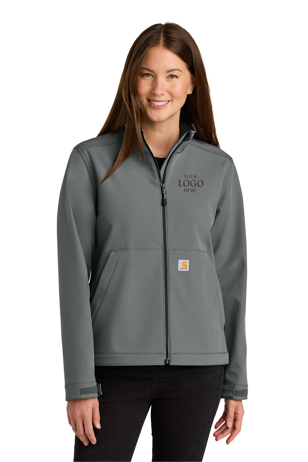 Woman wearing a gray Carhartt jacket on a white background embroidered Carhartt® Women’s Rain Defender® Soft Shell Jacket