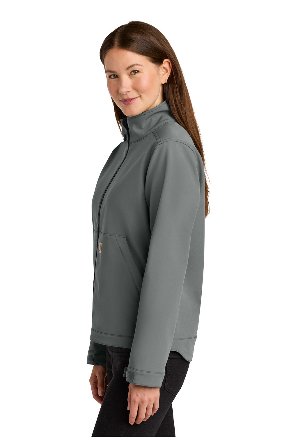 Woman wearing a gray jacket on a white background embroidered Carhartt® Women’s Rain Defender® Soft Shell Jacket