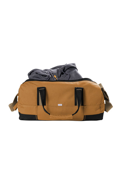 Brown duffel bag with black handles and trim on a white background embroidered Carhartt® Foundry Series 20” Duffel