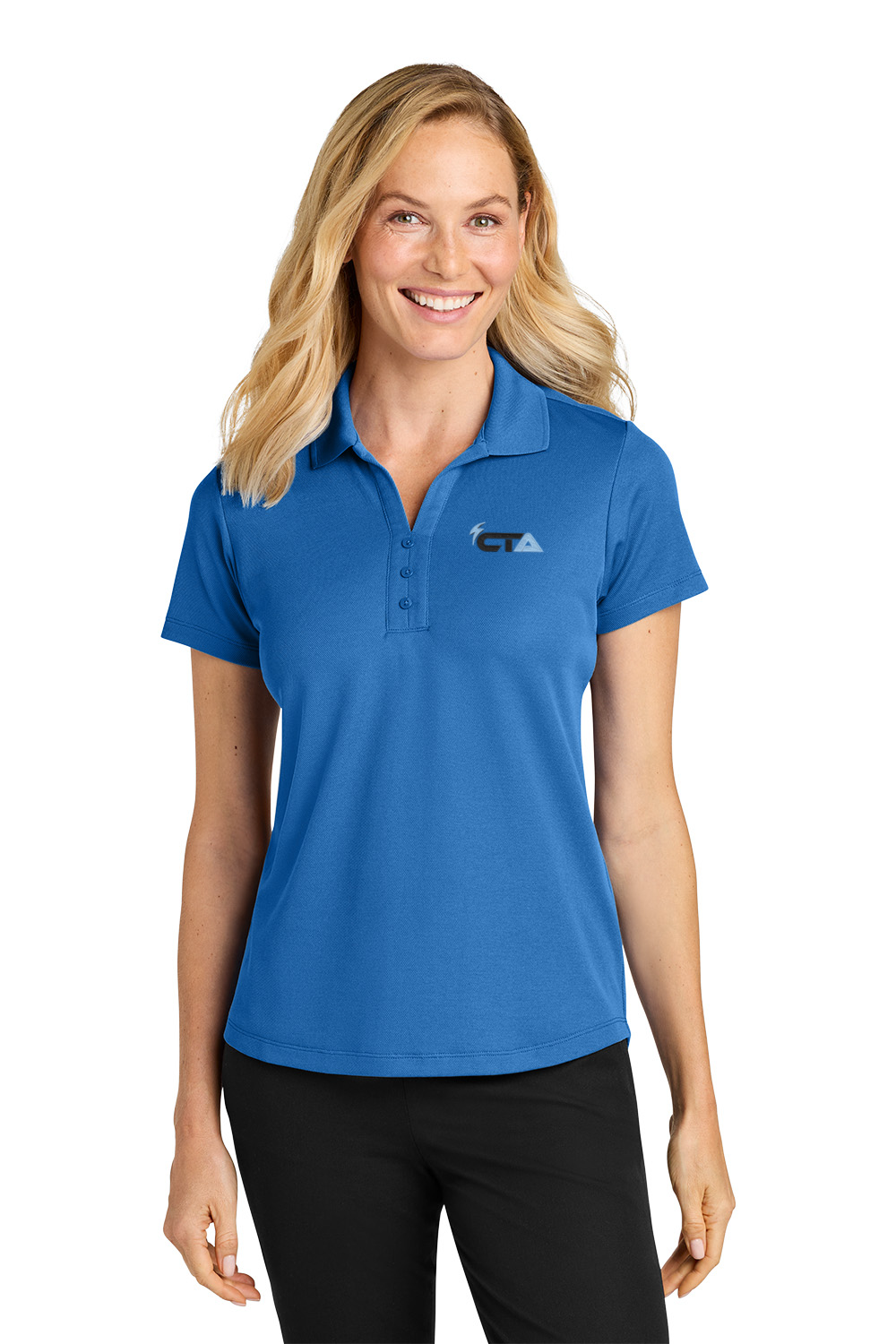 Woman wearing a blue polo shirt on a white background. Port Authority® Women’s Plaited Pique Polo, Creative Technologies Academy embroidered by Helmsman Stitch Co.