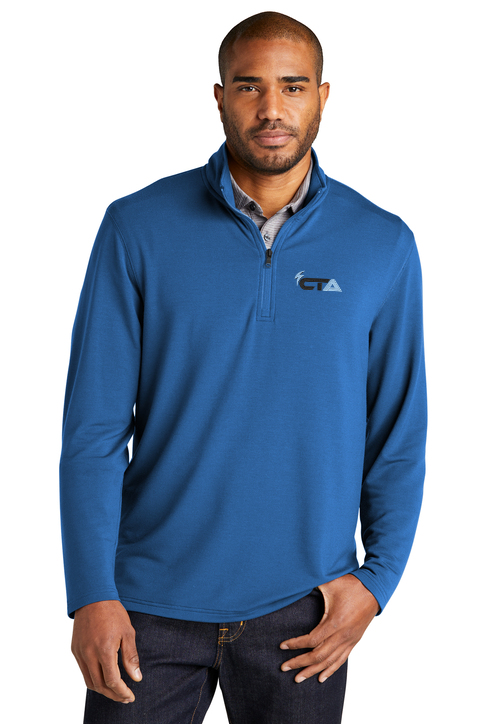 Man wearing a blue pullover with a white background. Port Authority® Microterry 1/4-Zip Pullover, Creative Technologies Academy embroidered by Helmsman Stitch Co.
