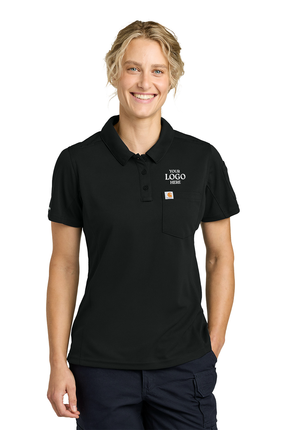 Black polo shirt with customizable logo on a white background, Carhartt® Women’s FLD & RSCU Polo, Embroidered