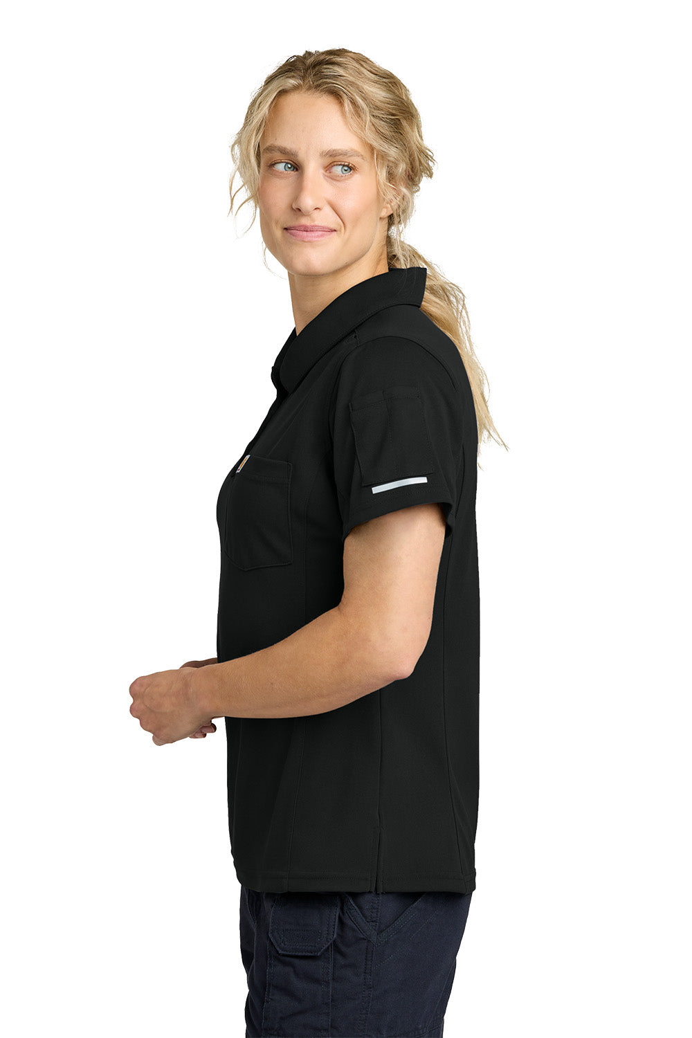 Woman wearing a black polo shirt with a logo on a white background, Carhartt® Women’s FLD & RSCU Polo, Embroidered