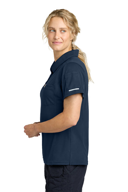 Woman wearing a navy blue polo shirt on a white background, Carhartt® Women’s FLD & RSCU Polo, Embroidered