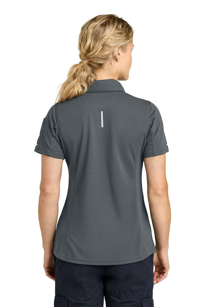 Person wearing a gray polo shirt with a visible brand logo on the back. Carhartt® Women’s FLD & RSCU Polo, Embroidered