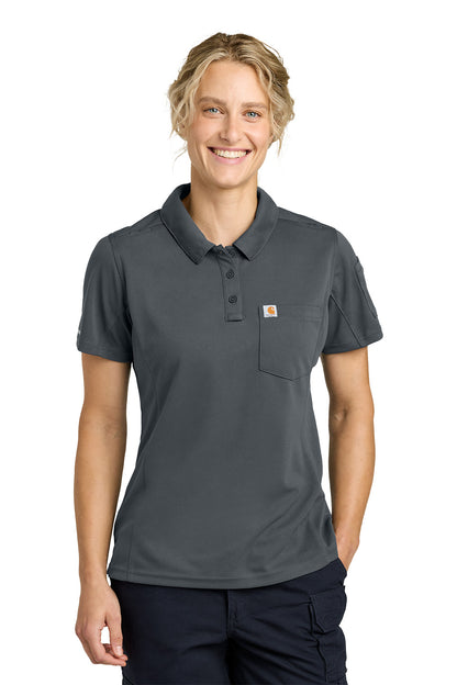 Person wearing a gray polo shirt with a brand logo on a white background, Carhartt® Women’s FLD & RSCU Polo, Embroidered