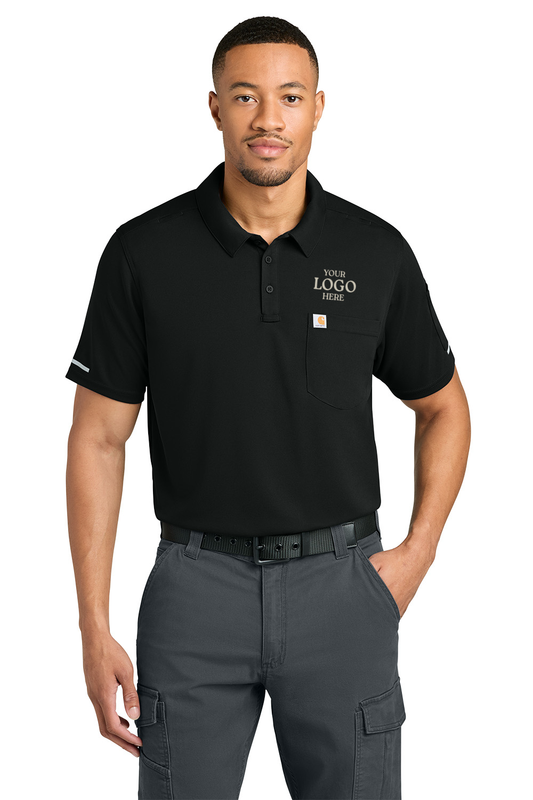 Man wearing a navy polo shirt and gray cargo pants on a white background, Carhartt® FLD & RSCU Polo, Embroidered