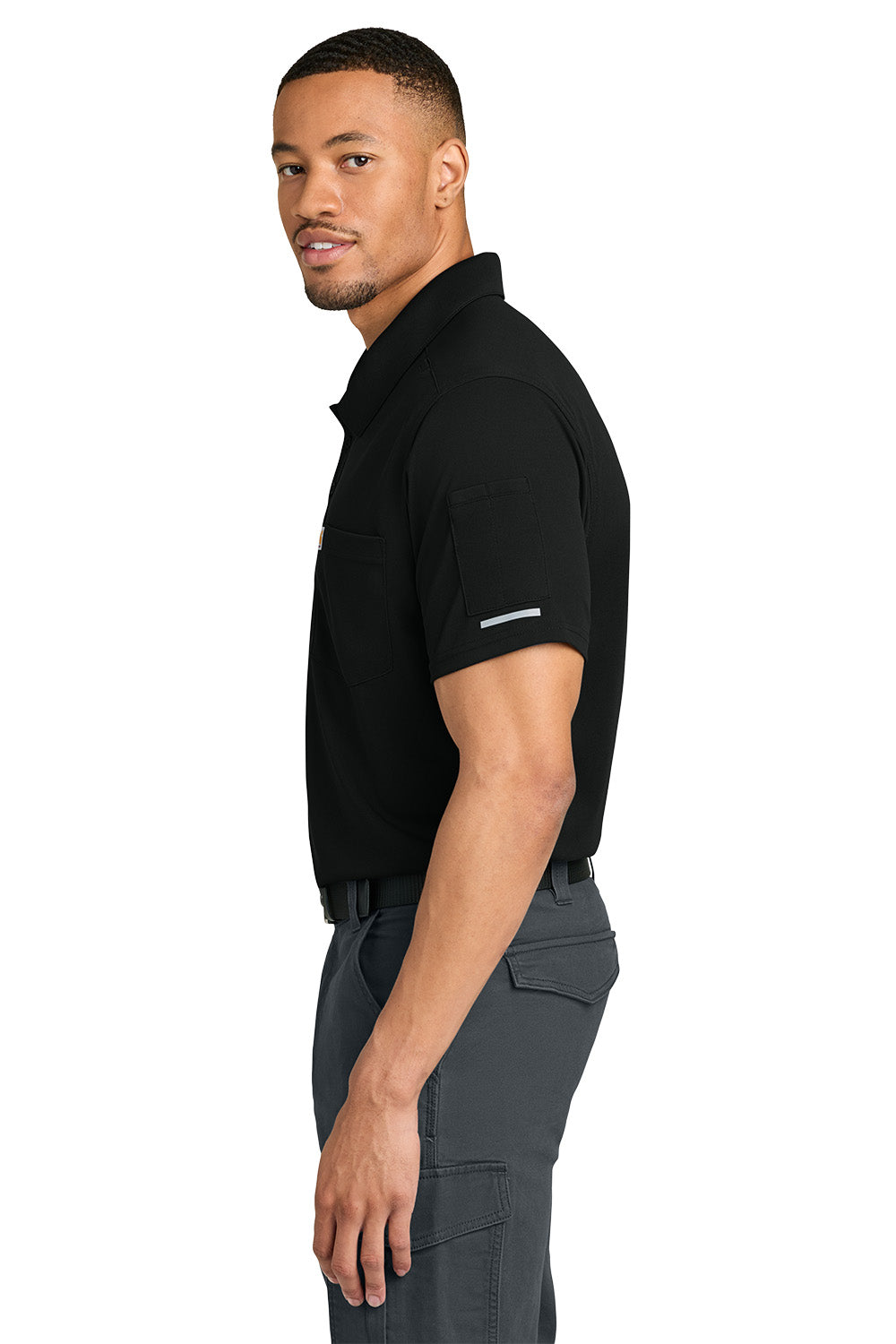 Man wearing a black polo shirt and gray pants on a white background, Carhartt® FLD & RSCU Polo, Embroidered