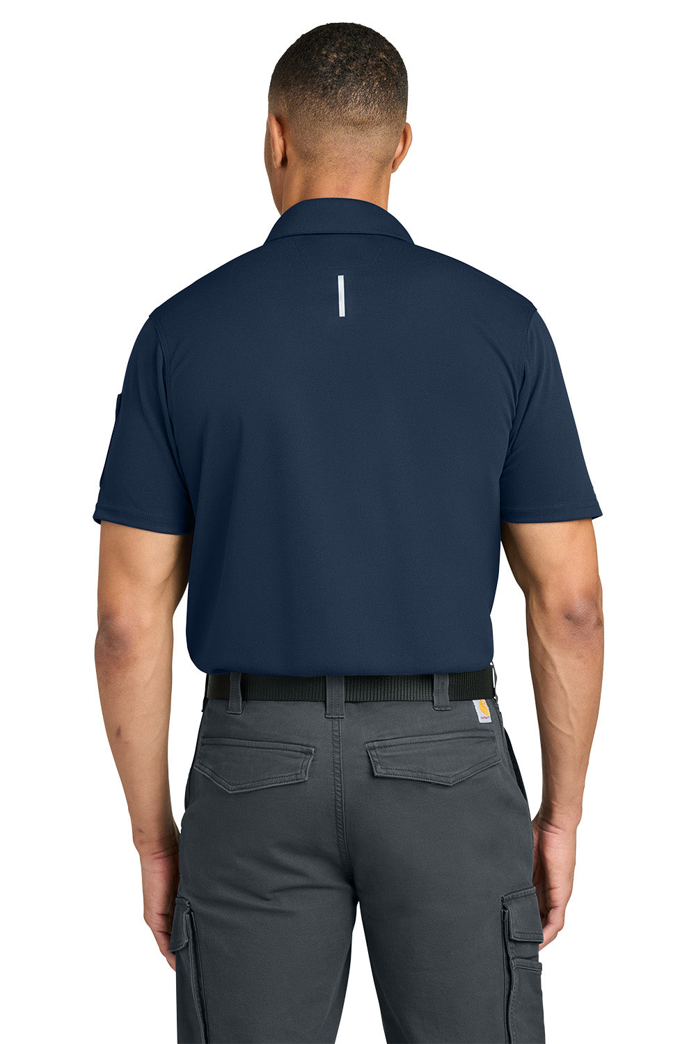 Person wearing a navy blue shirt and gray pants on a white background, Carhartt® FLD & RSCU Polo, Embroidered