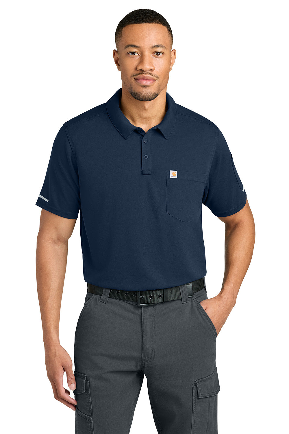 Man wearing a navy polo shirt and gray cargo pants on a white background, Carhartt® FLD & RSCU Polo, Embroidered