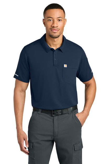 Man wearing a navy polo shirt and gray cargo pants on a white background, Carhartt® FLD & RSCU Polo, Embroidered