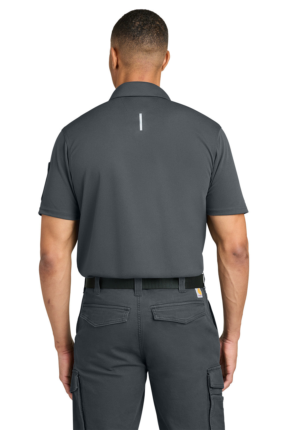 Person wearing a gray polo shirt and pants on a white background, Carhartt® FLD & RSCU Polo, Embroidered
