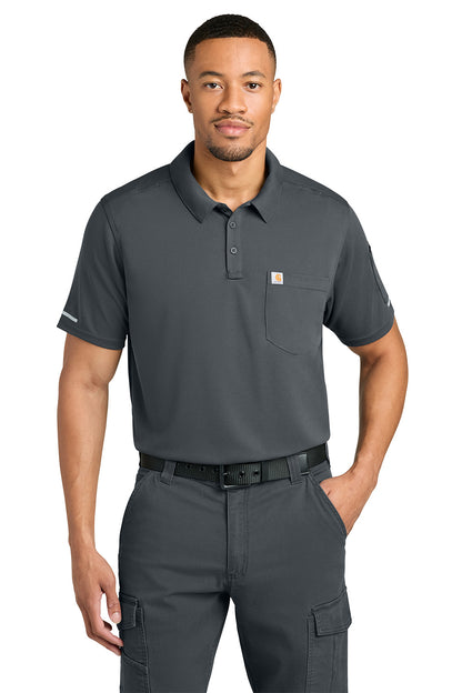 Man wearing a gray polo shirt and cargo pants on a white background, Carhartt® FLD & RSCU Polo, Embroidered