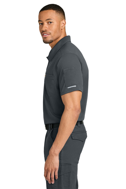 Man wearing a dark gray polo shirt and pants on a white background, Carhartt® FLD & RSCU Polo, Embroidered