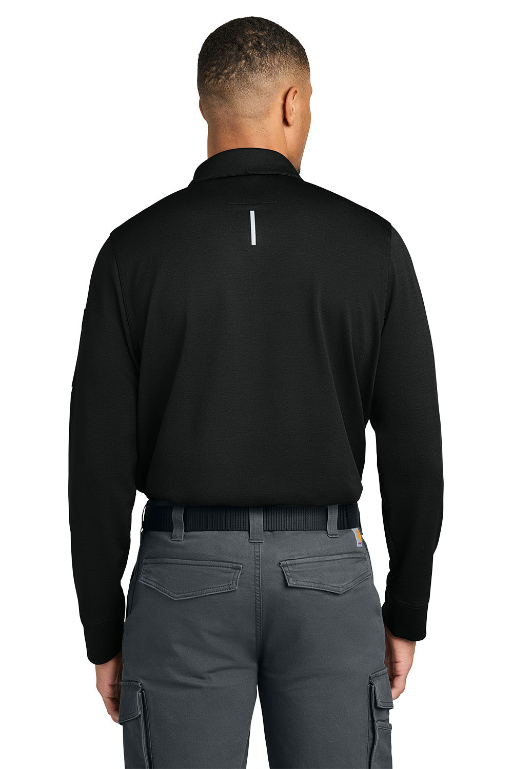 Person wearing a black long-sleeve shirt and gray pants on a white background, Carhartt® FLD & RSCU Long Sleeve Polo, Embroidered
