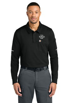 Man wearing a black long-sleeve polo shirt with a logo on a white background, Carhartt® FLD & RSCU Long Sleeve Polo, Embroidered