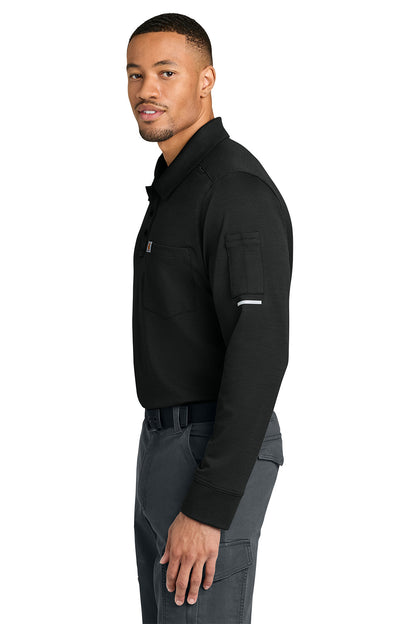 Man wearing a black long-sleeve shirt and gray pants on a white background, Carhartt® FLD & RSCU Long Sleeve Polo, Embroidered