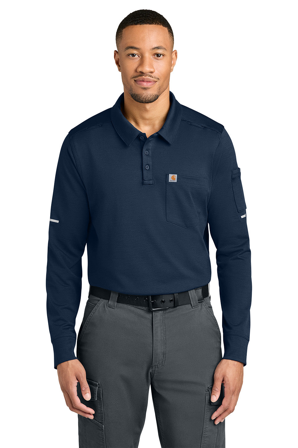 Man wearing a navy long-sleeve polo shirt with a logo on a white background, Carhartt® FLD & RSCU Long Sleeve Polo, Embroidered