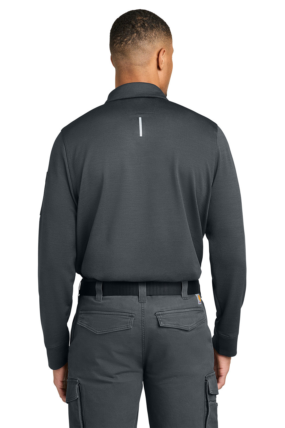 Person wearing a dark gray long-sleeve shirt and pants on a white background, Carhartt® FLD & RSCU Long Sleeve Polo, Embroidered