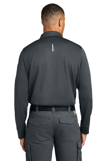 Person wearing a dark gray long-sleeve shirt and pants on a white background, Carhartt® FLD & RSCU Long Sleeve Polo, Embroidered