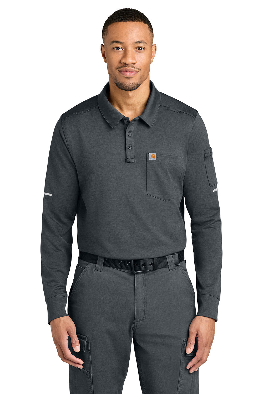 Man wearing a gray long-sleeve work shirt and pants on a white background, Carhartt® FLD & RSCU Long Sleeve Polo, Embroidered
