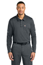 Man wearing a gray long-sleeve work shirt and pants on a white background, Carhartt® FLD & RSCU Long Sleeve Polo, Embroidered