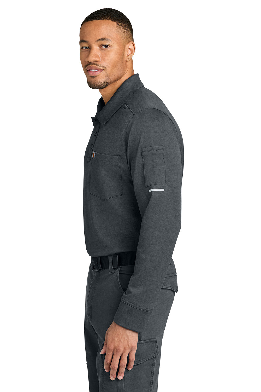 Man wearing a dark gray work jacket on a white background, Carhartt® FLD & RSCU Long Sleeve Polo, Embroidered