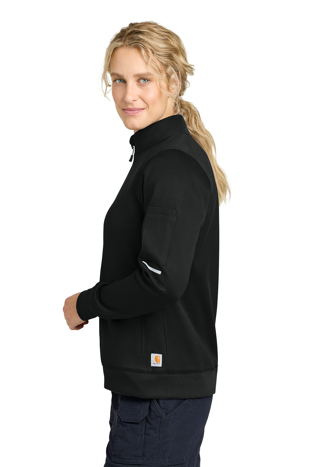 Woman wearing a black Carhartt jacket on a white background, Carhartt® Women’s FLD & RSCU 1/2-Zip Mid-Layer, Embroidered
