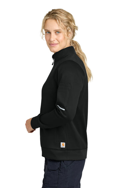 Woman wearing a black Carhartt jacket on a white background, Carhartt® Women’s FLD & RSCU 1/2-Zip Mid-Layer, Embroidered
