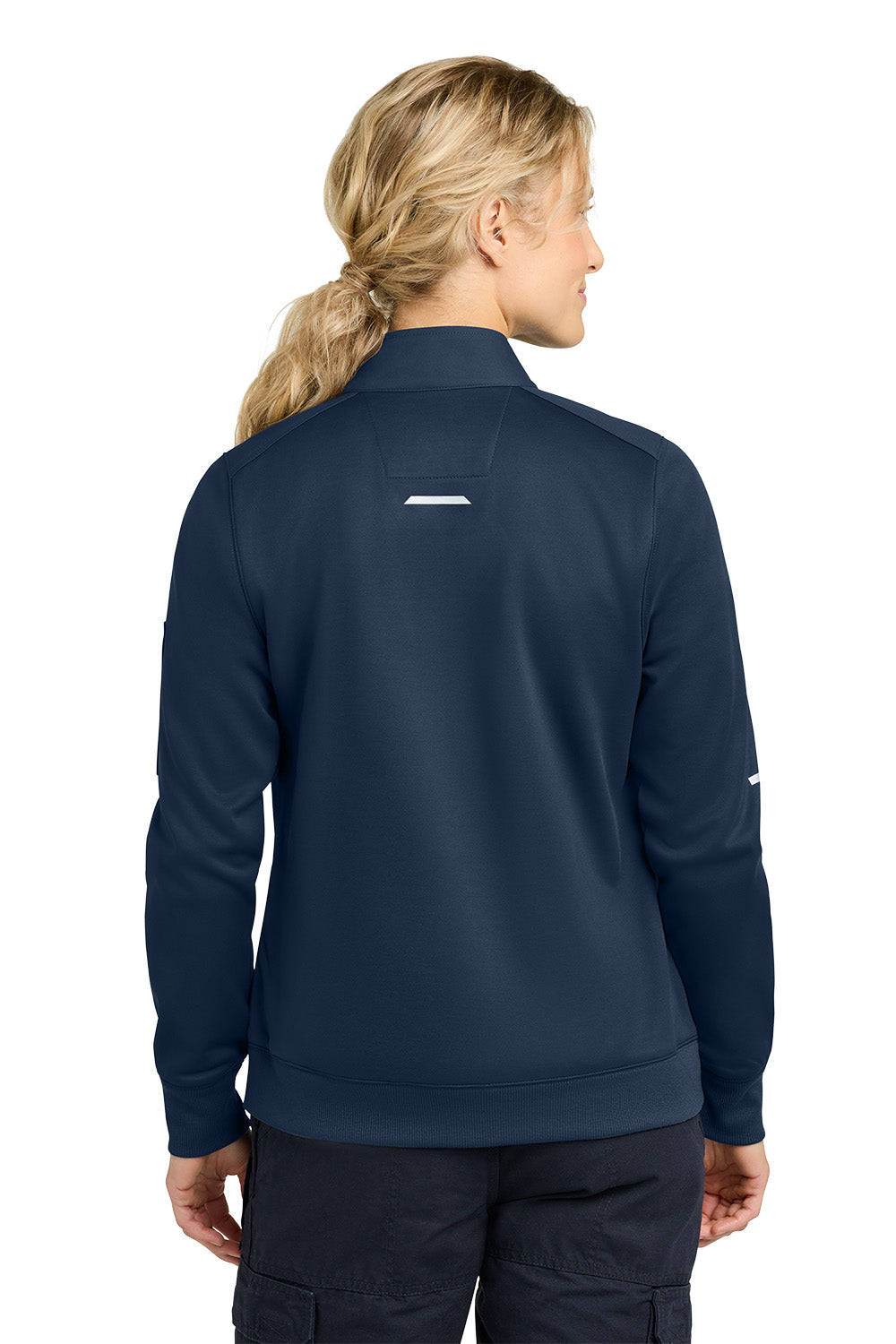 Person wearing a navy blue jacket with a logo on the back against a white background, Carhartt® Women’s FLD & RSCU 1/2-Zip Mid-Layer, Embroidered
